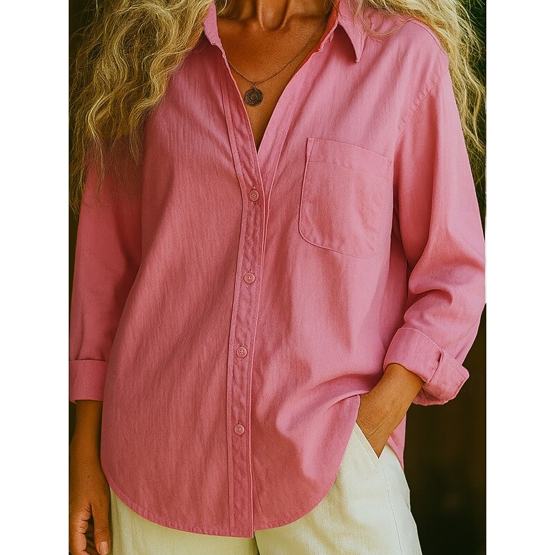 Women's 100% Cotton Shirt Solid Color Bohemia Vintage Daily Long Sleeve Shirt Collar Regular Tops Daily Holiday Pocket White Pink Red Blue Purple Spring, Fall, Winter,