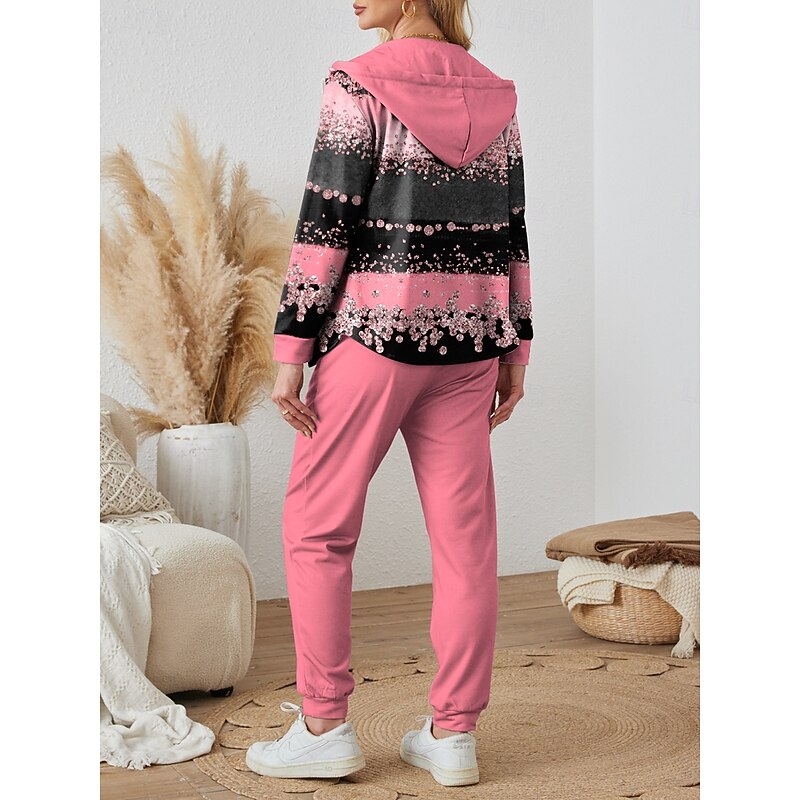 Women's 2 Pieces Hoodie Tracksuits Long Sleeve Daily Hooded Ombre Graphic Striped Zipper Print Casual Pink Blue Purple Fall Regular Fit2