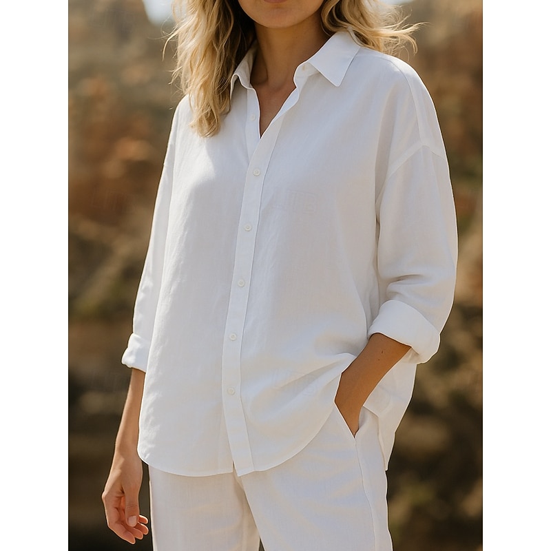 Women's 100% Cotton Shirt Solid Color Plain Elegant Vintage Daily Long Sleeve Shirt Collar Regular Tops Daily Holiday Vacation Wear White Blue Green Spring, Fall, Winter, Summer2