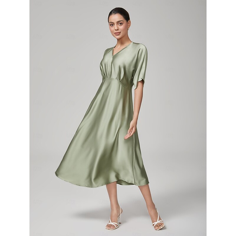 Women's Midi Dress Reverse Pleat V Neck Dolman Sleeve Elegant Casual Daily Spring Summer Fall4