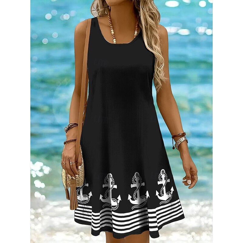 Women's Mini Dress Sundress A Line Dress Off The Shoulder Dress Vacation Casual Boho Holiday Beach Regular Fit Graphic Geometric Stripe Sleeveless Crew Neck Scoop Neck Black White Yellow Pink Summer4
