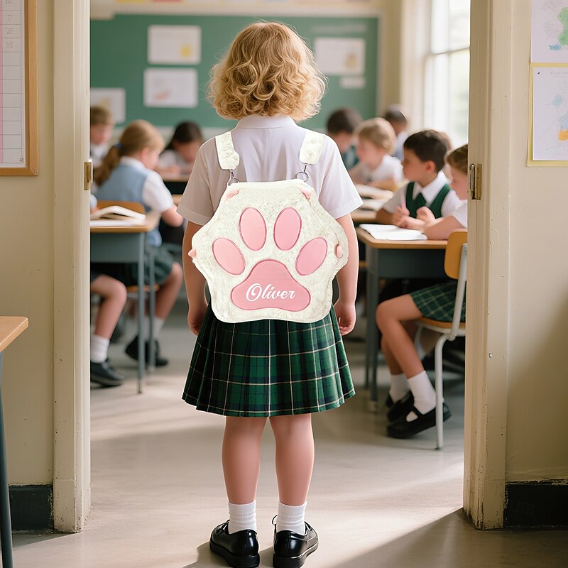 Personalized Name Paw Plush Backpack Custom Back to School Gift, Large Capacity School Bag with Anti-Lost Design, Kids Bookbag for Elementary Students, Perfect School Season Present