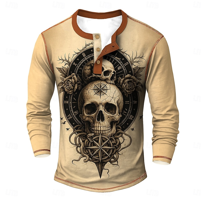 Men's Halloween Graphic Skull Cool Skulls Henley Shirt Tee Long Sleeve Vintage Fashion Designer Outdoor Casual Daily Fall Spring &  Fall Blue Green khaki Beige Henley Henley T-Shirt2