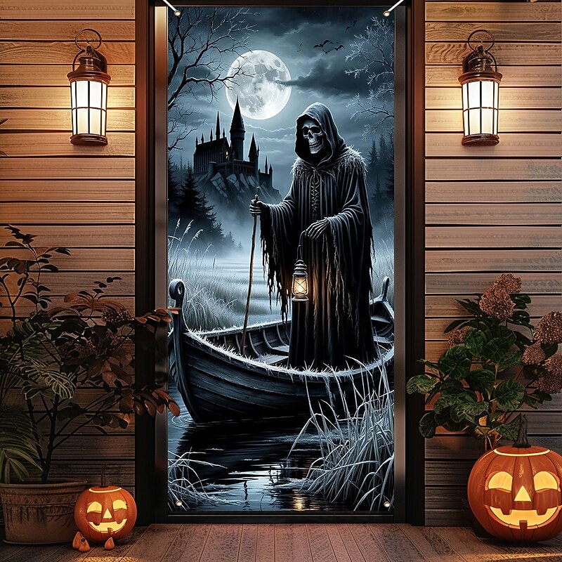Halloween Door Covers Ferryman Door Tapestry Door Curtain Decoration Backdrop Door Banner for Front Door Farmhouse Holiday Party Indoor Outdoor Decor Supplies3