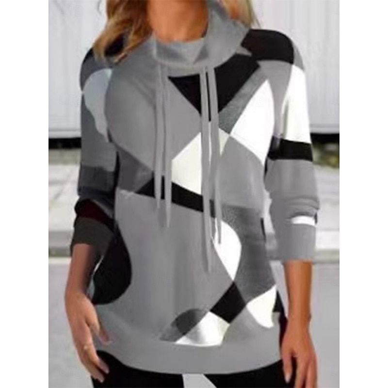 Women's Pullover Sweatshirt Geometric Casual Long Sleeve Turtleneck Regular Tops Street Dailywear Print Red Blue Gray Fall Winter3