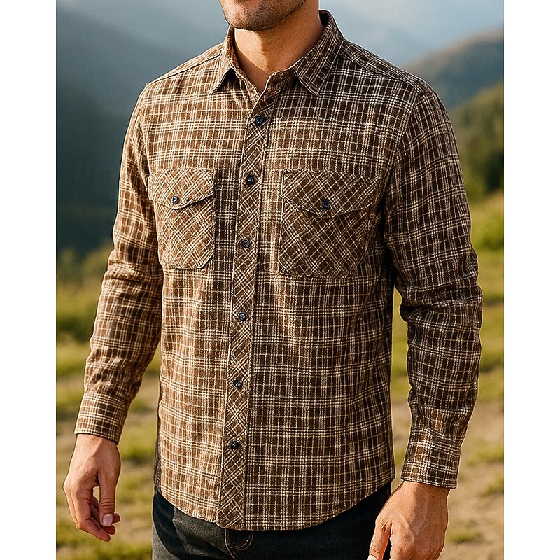 Men's Cargo Shirt Long Sleeve Turndown Top Outdoor Soft Breathable Polyester Black Khaki Tennis Golf Running