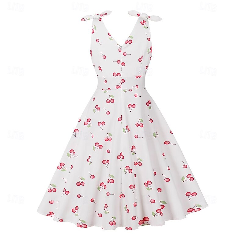 Retro Vintage 1950s Rockabilly Knee Length Flapper Dress Swing Dress Fit and Flare Fruit Cherry A-Line V Neck Fancy Dress Women's Masquerade Vacation Casual Retro Theme Party Adults Dress Spring2