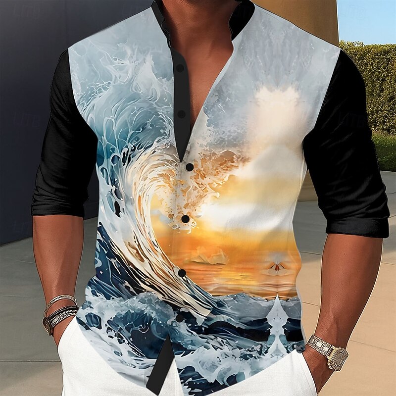 Men's Optical Illusion Ocean Sunset Shirt Summer Hawaiian Shirt Stand Collar Shirt Long Sleeve Hawaiian Vacation Casual Holiday Spring Fall Mandarin Collar Band Collar 3D Print Button Up Shirts Blue4