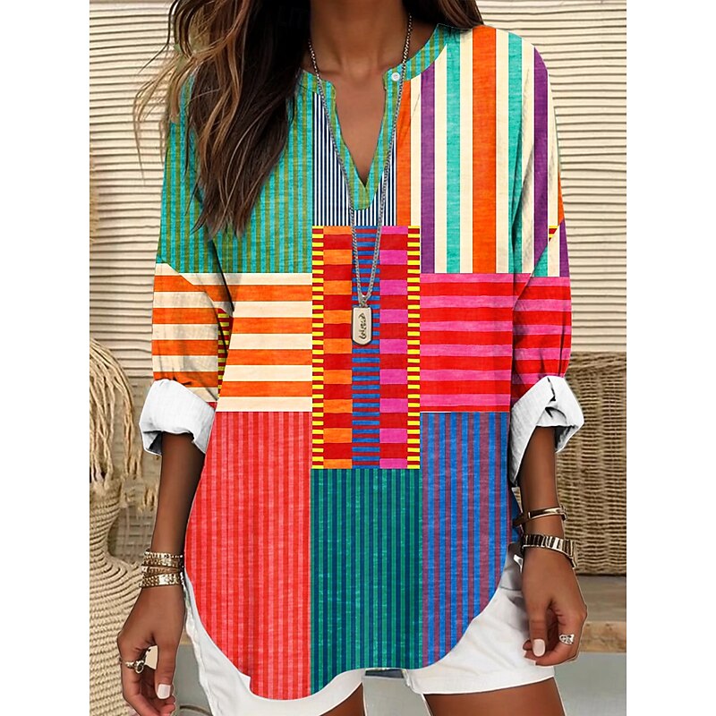 Women's Blouse Tunic V Neck Long Sleeve Boho Casual Summer Tops Graphic Geometric Bohemia Active Vintage Regular Tops Work Daily Print Yellow Red Blue Khaki Gray