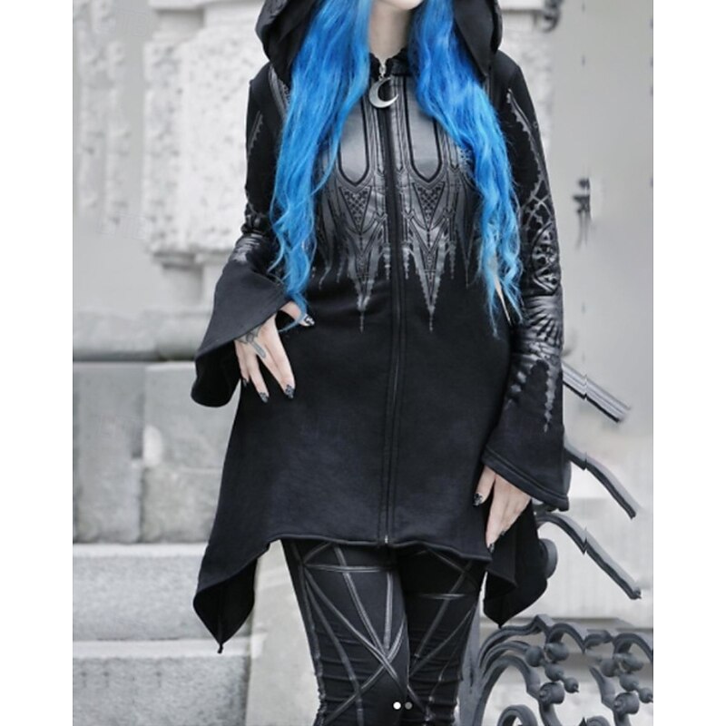 Women's Hoodie Jacket Warm Comfortable Zipper Irregular Hem Fashion Flower Street Going out Zipper Long Hooded Regular Fit Long Sleeve Outerwear Black Fall Winter2