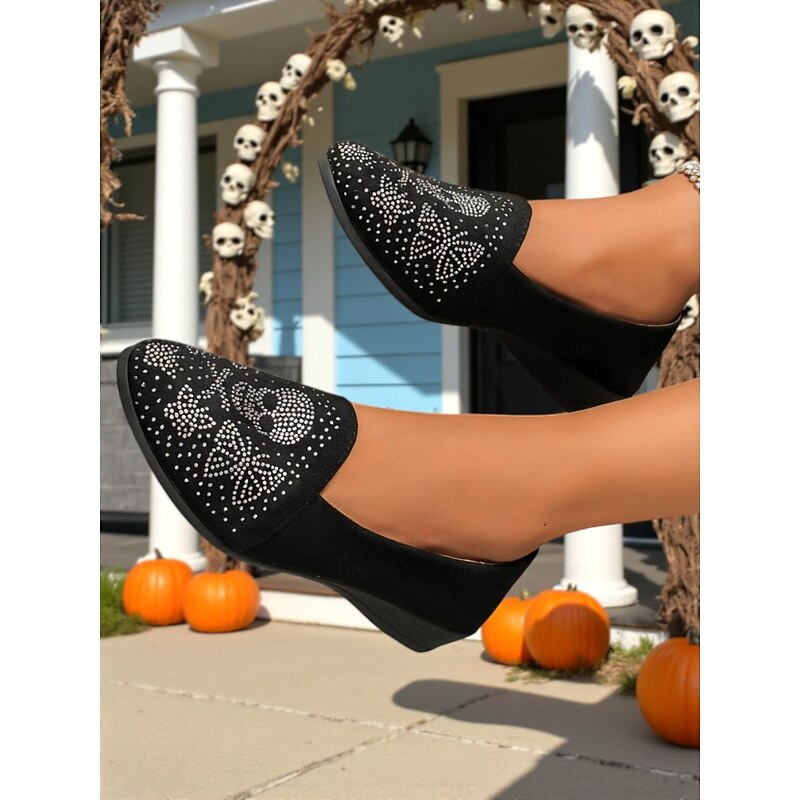 Women's Black Suede Skull Loafers – Rhinestone Embellished Gothic Slip-On Flats, Punk Rock Style Comfortable Shoes for Halloween Parties, Concerts, and Casual Outings4