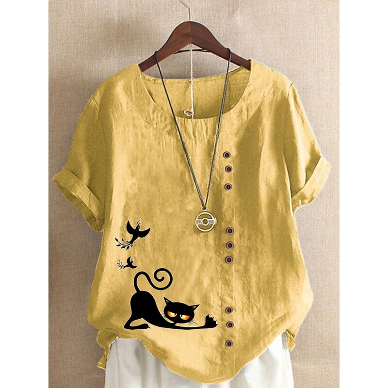 Women's Cotton Linen Shirts Animal Cat Elegant Vintage Tropical Short Sleeve Crew Neck Regular Tops Daily Holiday Vacation Wear Buttons Grass Green White Yellow Army Green Navy Blue Summer Spring3