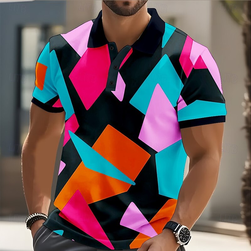 Men's Geometric Abstract Polo Short Sleeve Polo Shirts Collared Shirts Casual Street Athleisure Daily Wear 3D Print Buttons Summer Pink Blue Purple4