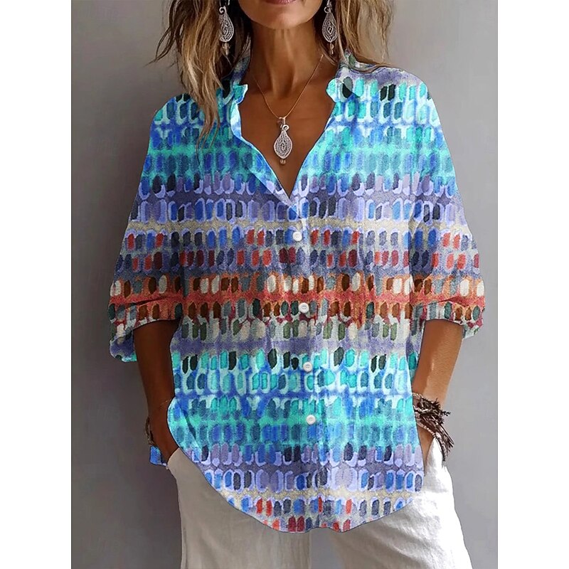 Women's Shirt Button Down Tunic Shirt Collar Long Sleeve Graphic Geometric Polka Dot Vintage Daily Stylish V Neck Regular Tops Work Daily Holiday s Print Pink Blue Orange Spring Fall2