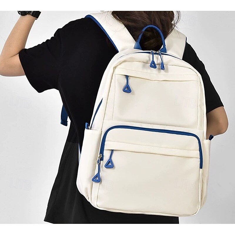 Women's Cream and Blue School Backpack – Minimalist Lightweight Bookbag with Multiple Pockets for Daily Use and Travel