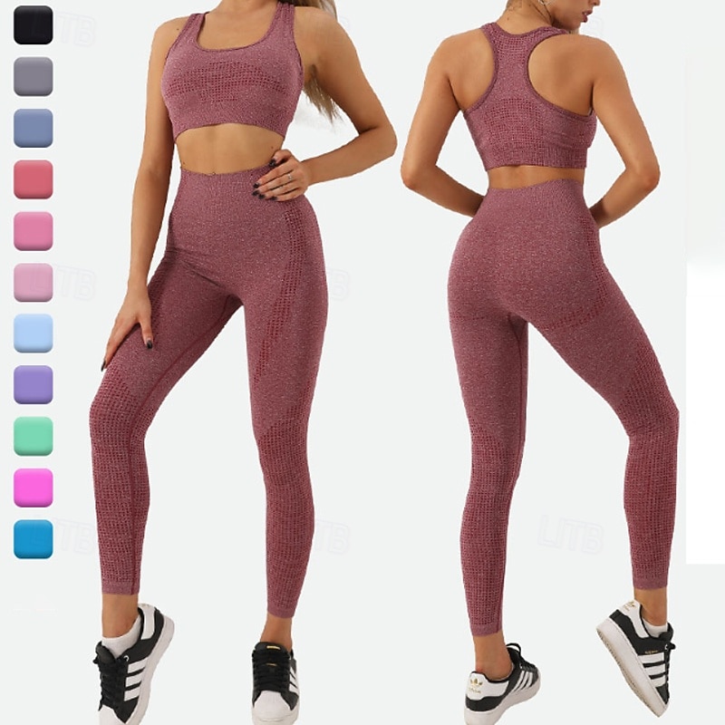 Women's 2 Pieces Yoga Sweatsuit Lounge Outfits  Sports Bra Seamless Leggings Solid Color Clothing Suit Dark Grey Lake Blue Gym Workout High Waist Stretchy Breathable Sleeveless Sport Activewear Slim