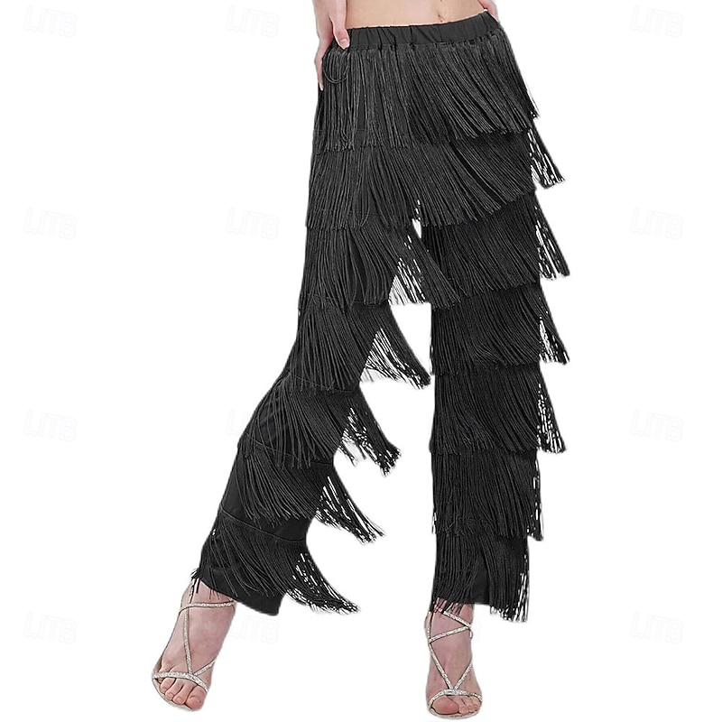 BH1985 Women's 7 Tier Tassel Latin Dance Pant Ballroom Dance Professional Black Adult Fringe Practice Pants