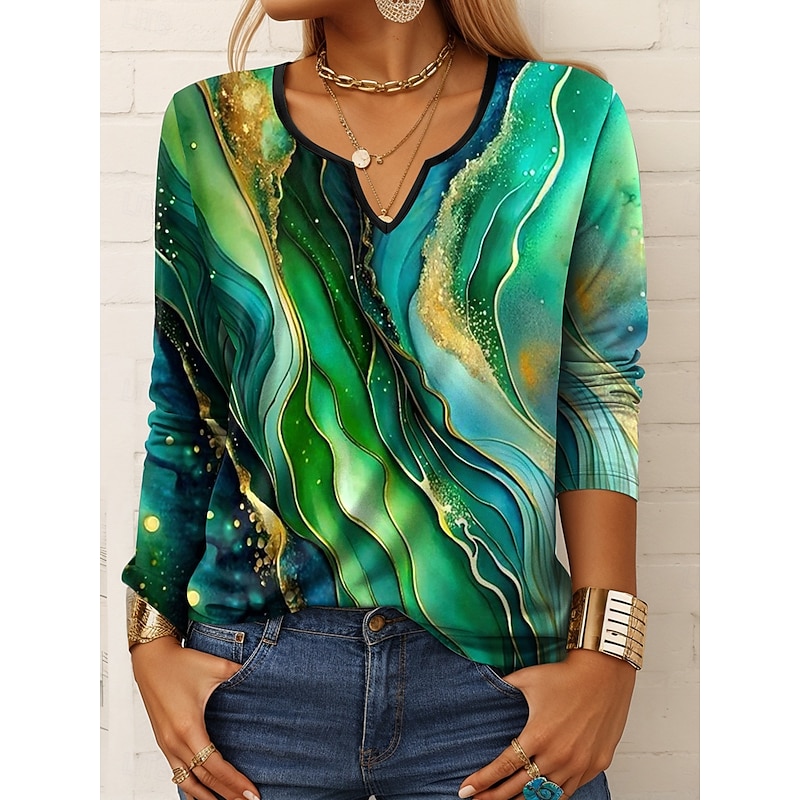 Women's T Shirt Ombre Graphic Geometric Vintage Stylish Casual Long Sleeve Notched Neck Regular Tops Daily Print Army Green Blue Sky Blue Green Summer Spring Fall