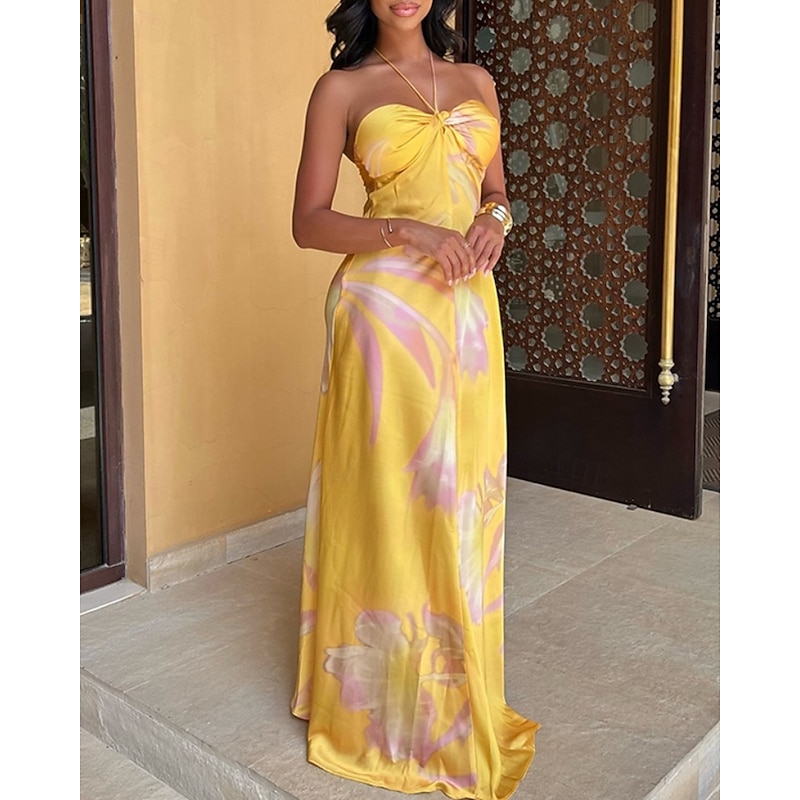 Women's Long Dress Maxi Dress Halter Neck Dress Print Dress Fashion Modern Outdoor Vacation Holiday Regular Fit Flower Sleeveless Halter Neck Yellow Summer4