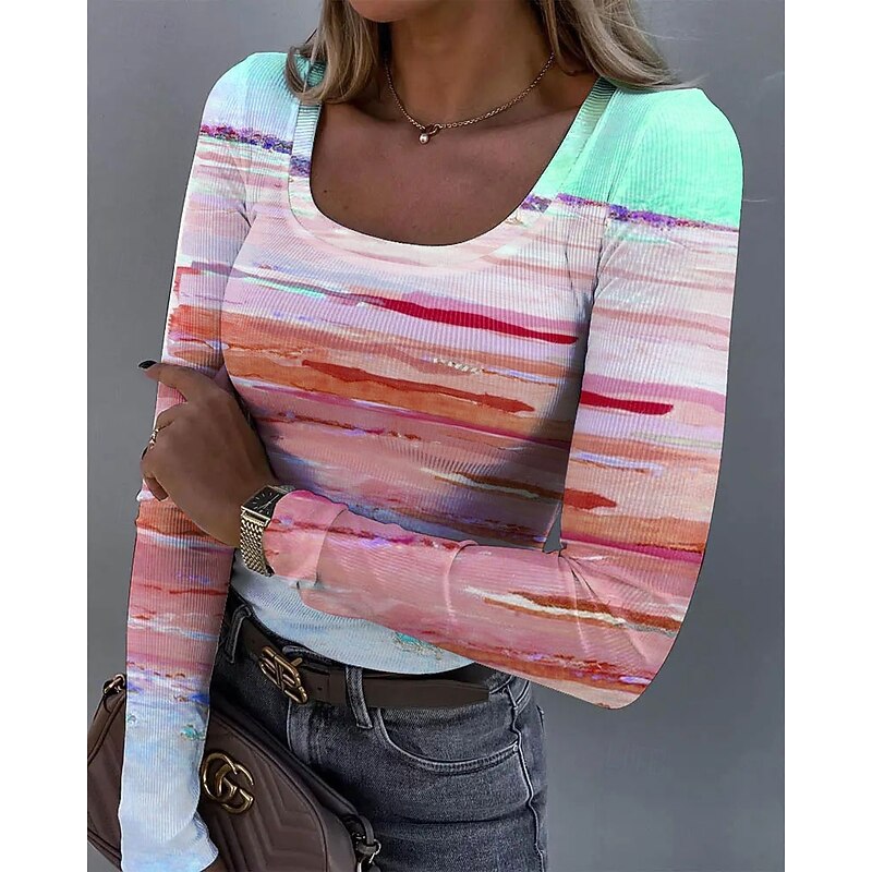 Women's T shirt Long Sleeve Ribbed Graphic Square Neck Long Sleeve Casual Tunic Ombre Vintage Stylish Regular Tops Daily Print Red Blue Purple Green  Spring Fall Prefall2