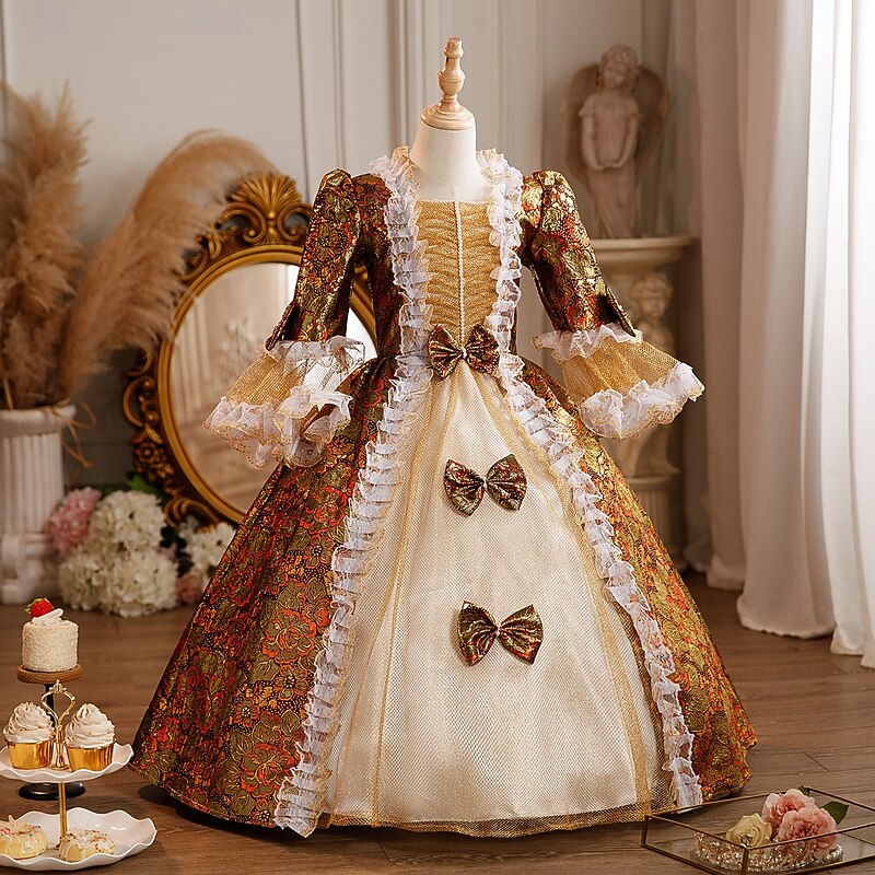 Rococo Fancy Maxi Prom Dress Bell Sleeve Princess Belle Bow Retro Ball Gown Point Fancy Dress Girls' Royal Christmas Halloween Carnival Masquerade Wedding Party Festival Kid's Child's Dress All3