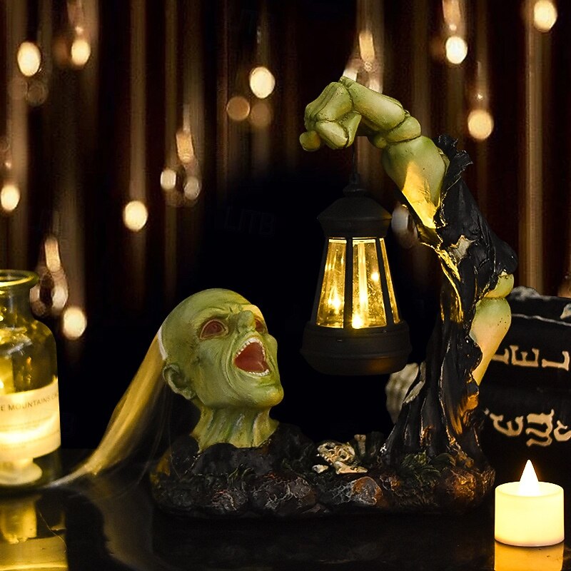 Halloween Lantern Skeleton Zombie Statue, Half Body Resin Figurine with Hexagonal Light, Spooky Outdoor Garden Decoration2