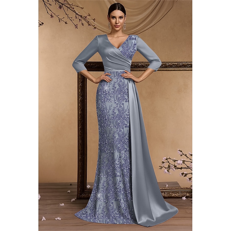 Burgundy Floral Sequin Embroidered Lace Mermaid / Trumpet Evening Gown Elegant Dress Formal Wedding Sweep / Brush Train 3/4 Length Sleeve V Neck Satin with Pleats3