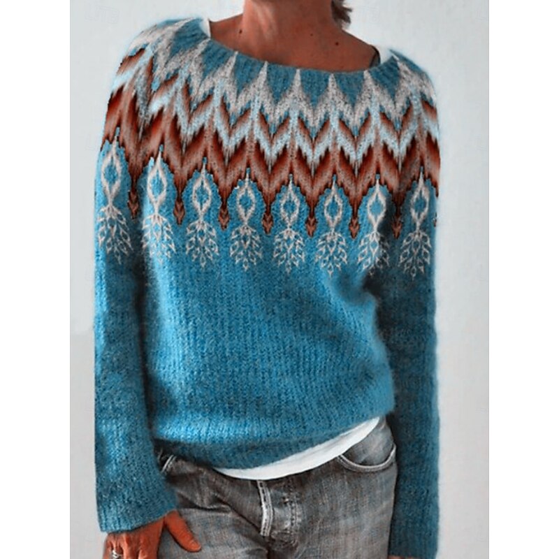 Women's Sweater Casual Soft Graphic Geometric Ribbed Crew Neck Knitted Print Long Sleeve Regular Tops Knit Outdoor Daily Weekend Yellow Blue Fall Winter