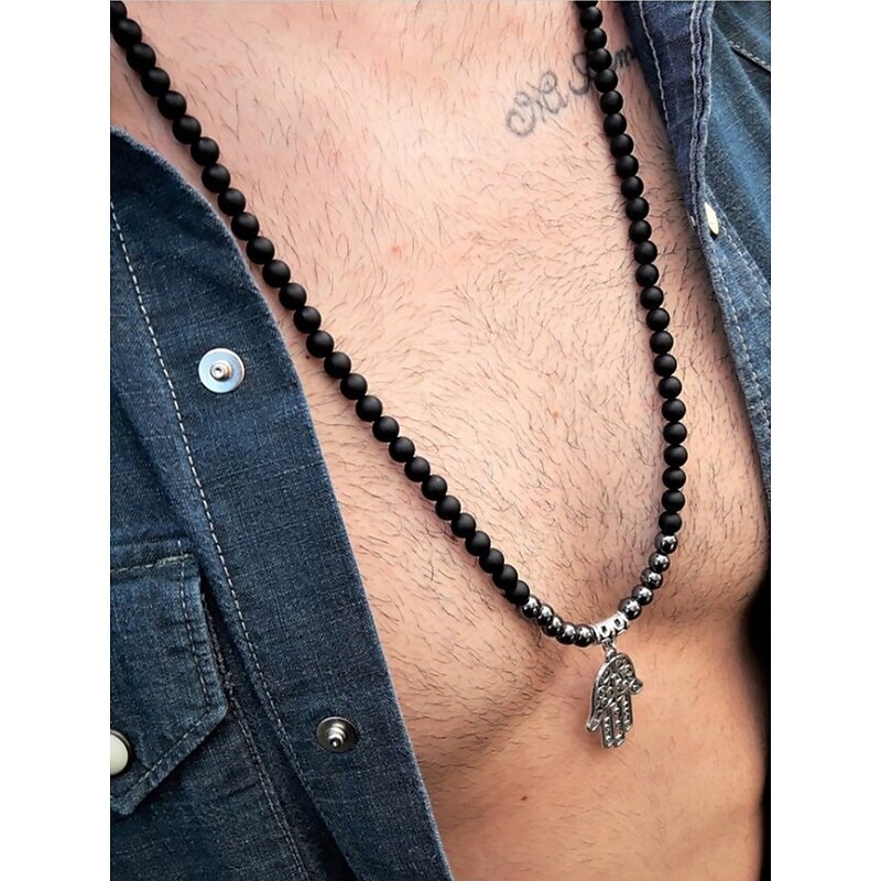 Men's Black Beaded Necklace with Silver Hamsa Hand Pendant – Spiritual Boho Style Jewelry for Men, Ideal for Casual Wear, Festivals or Gift Giving2
