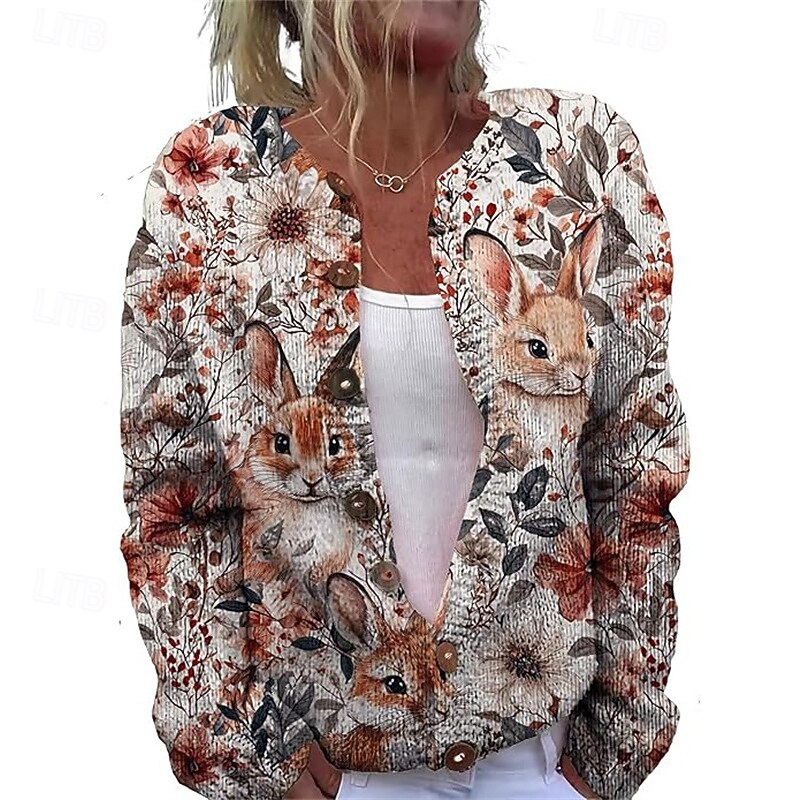 Women's Sweater Cardigan Fashion Streetwear Daily Floral Ribbed Open Front Knitted Print Long Sleeve Long Tops Knit Holiday Going out Weekend White Purple Fall Winter3