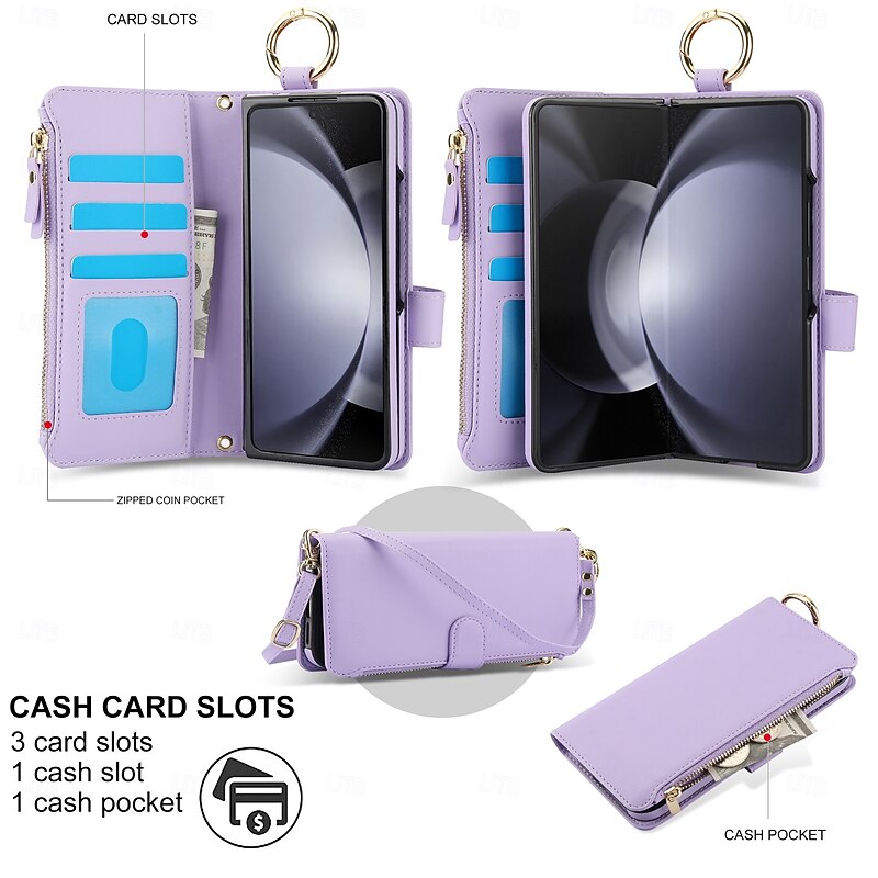 Phone Case For Samsung Galaxy Z Fold 6 Z Fold 5 Z Fold 4 Z Fold 3 Back Cover Wallet Case Zipper with Lanyard Card Slot TPU PU Leather3