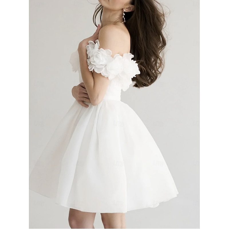 A-Line Cocktail Dresses Little White Dresses Dress Homecoming Short / Mini Short Sleeve Off Shoulder Organza with Pleats Shouder Flower2