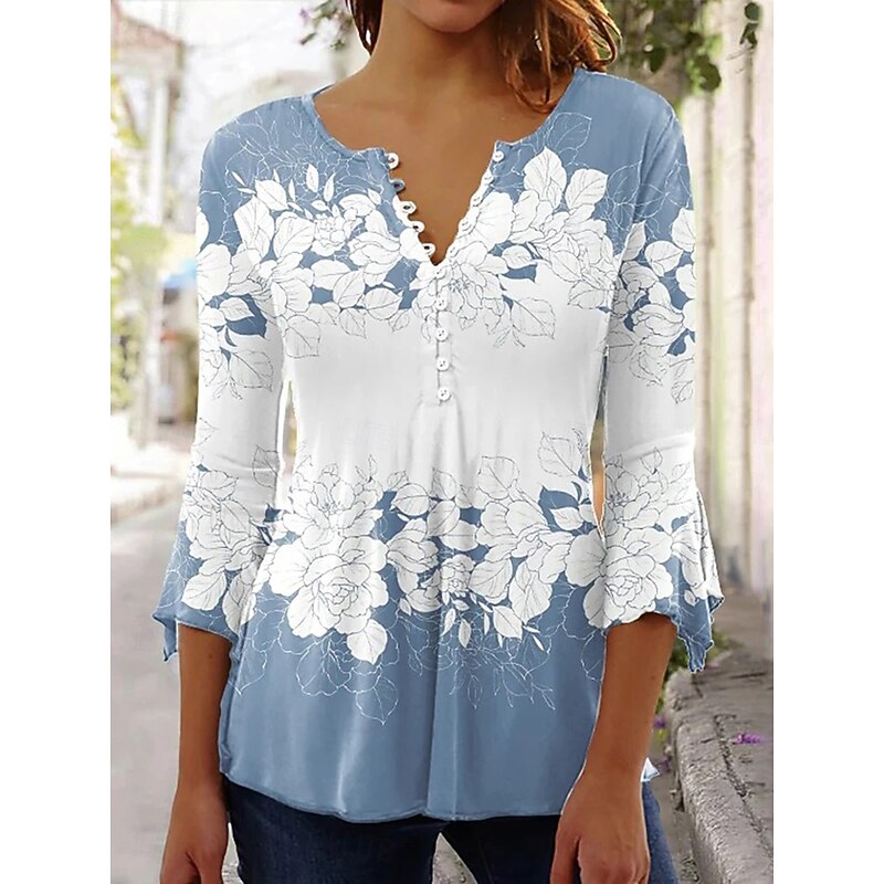 Women's Blouse V Neck Ombre Floral Graphic Elegant Vintage Stylish 3/4 Length Sleeve Regular Tops Daily Going out Buttons Pink Blue Sky Blue Green Summer Spring Fall