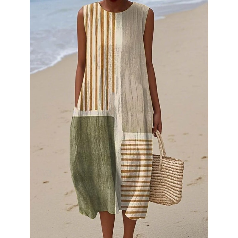 Women's Midi Dress Sundress Shift Dress A Line Dress Vacation Casual Boho Going out Beach Loose Fit Graphic Geometric Sleeveless Crewneck Pink Dark Pink Blue Purple Summer Spring3