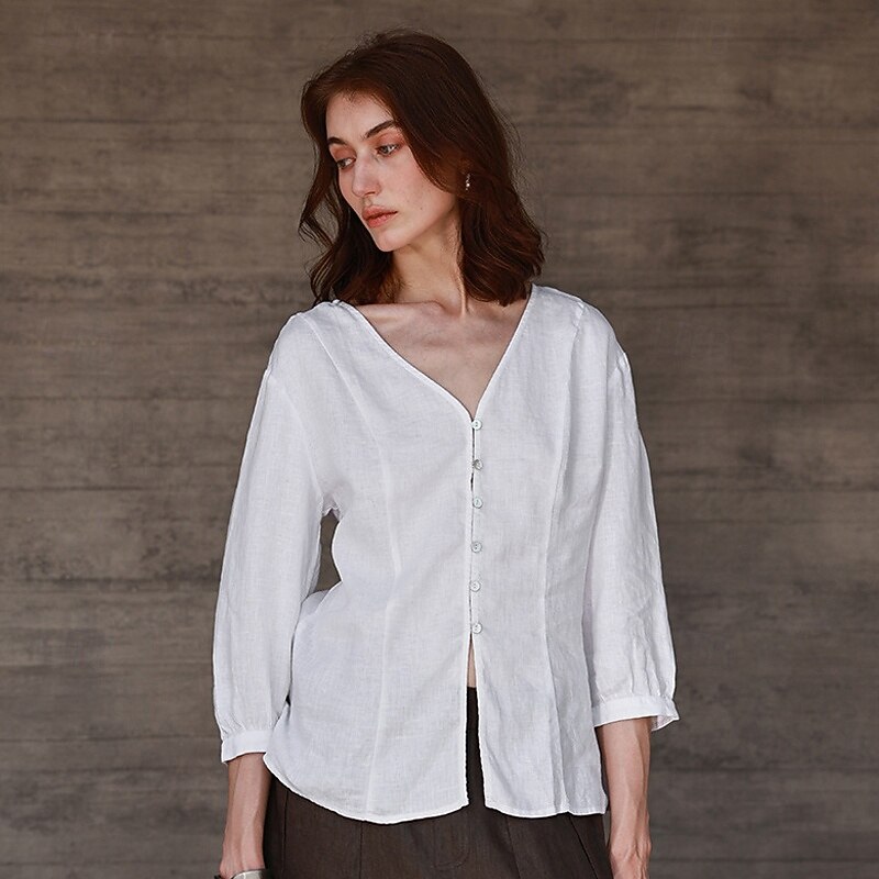 Women's 100% Linen Shirt Solid Color Plain Elegant Vintage Daily 3/4 Length Sleeve V Neck Regular Tops Work Daily Holiday Hemp White Summer Spring Fall4
