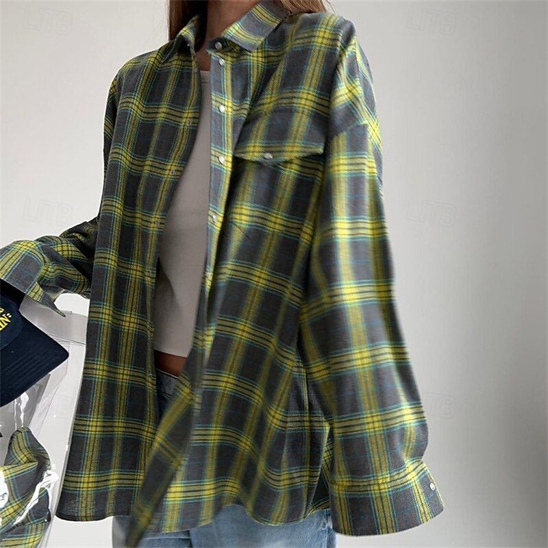 Women's Shirt Plaid Daily Stylish Basic Long Sleeve Shirt Collar Regular Tops Work Daily Holiday Buttons Pink Orange Green Spring Fall