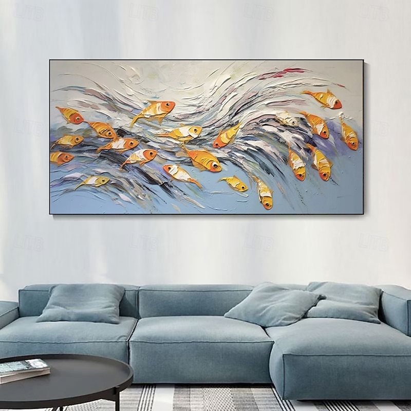 Handmade Oil Painting Canvas Wall Art Decoration Modern Abstract Happy Fish for Living Room Home Decor Stretched Frame Hanging Painting/Rolled Frameless Unstretched Painting4