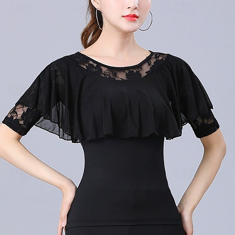 Latin Dance Top Lace Pure Color Splicing Women's Performance Training Short Sleeve High Polyester3