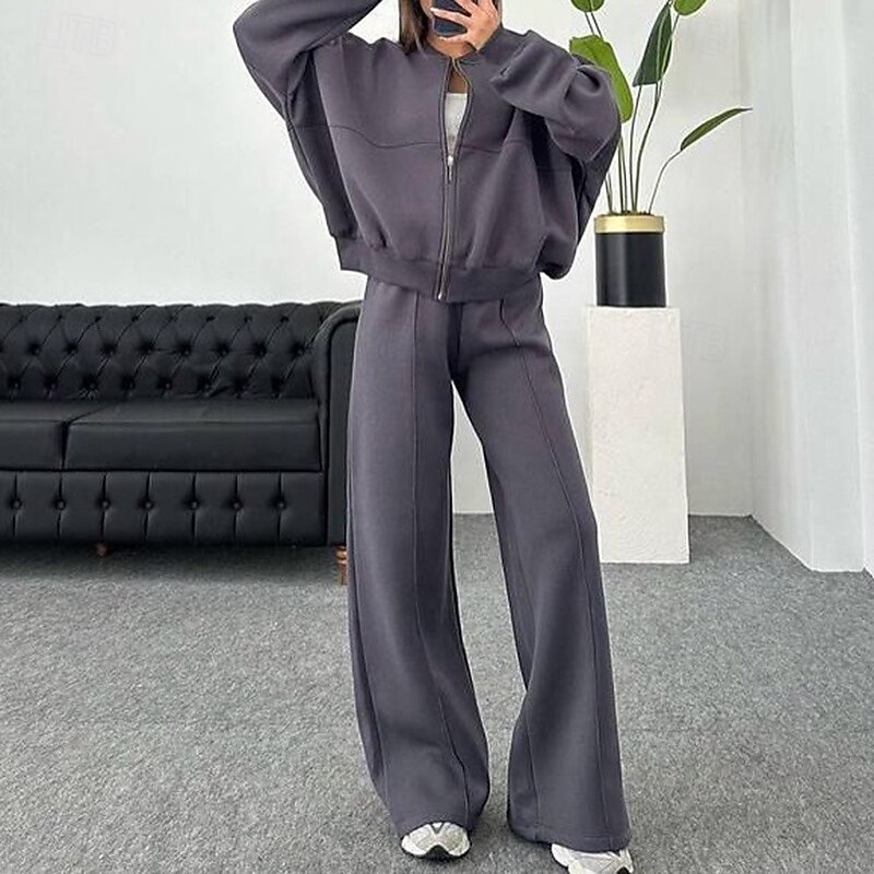 Women's Tracksuit Sweatpants Lounge Outfits  Zip Up Pocket Solid Colored Clothing Suit Fall & Winter Black White Gym Training Running High Waist Windproof Lightweight Moisture Wicking Long Sleeve