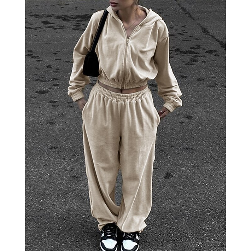 Women's Tracksuit Sweatpants Wide Leg Pants Zipper Pocket Solid Colored Clothing Suit Fall Black Pink Gym Athleisure Running Thermal Warm Windproof Long Sleeve Sport Activewear Stretchy Regular Fit