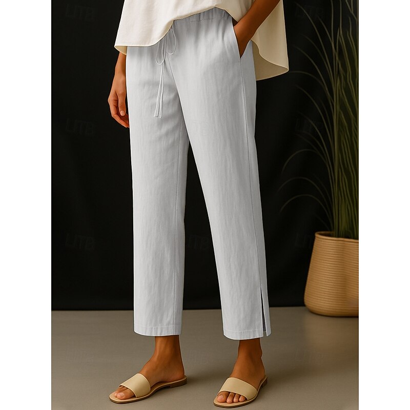 Women's Cotton Linen Pants Simple Casual Long High Waist Plain Pocket Elastic Drawstring Design High Cut Breathability Soft Micro-elastic Daily Wear White Green Beige Gray Spring Fall Regular Fit4