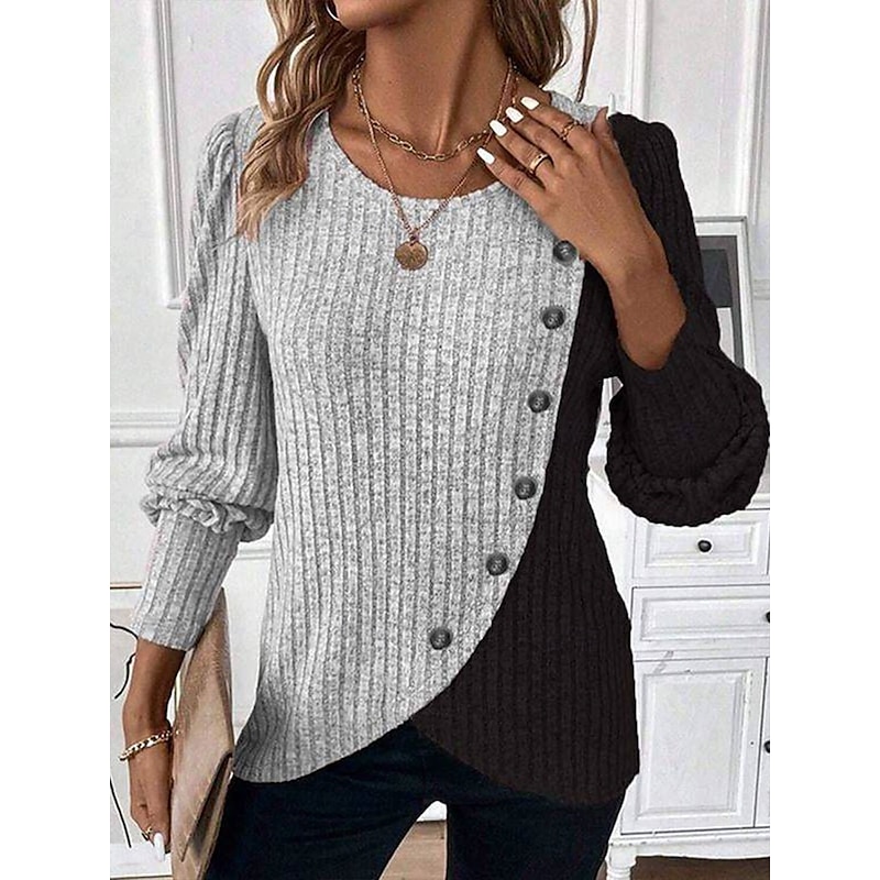 Women's Blouse Geometric Color Block Tropical Stylish Casual Long Sleeve Crew Neck Regular Tops Daily Patchwork Buttons Pink Sky Blue Gray Spring Fall Winter3