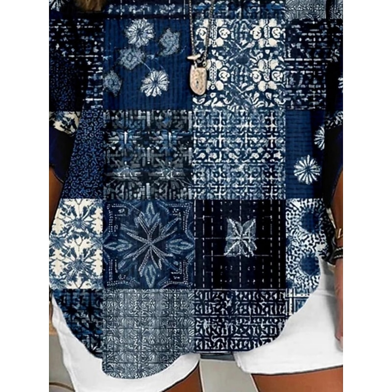 Women's Shirt Floral Color Block Vintage Daily Casual Long Sleeve V Neck Regular Tops Daily Holiday Buttons Print Navy Blue Spring Fall2