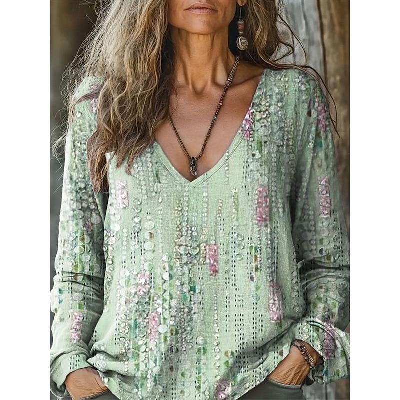 Women's Blouse Floral Bohemia Vintage Long Sleeve V Neck Regular Tops Daily Holiday Print Grass Green Light Green Wine Army Green Red Summer Spring Fall2