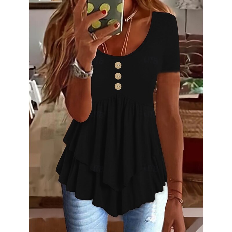 Women's Blouse Peplum Solid Color Stylish Casual Short Sleeve Crew Neck Regular Tops Daily Ruffle Buttons Black White Blue Orange Green Summer Spring4