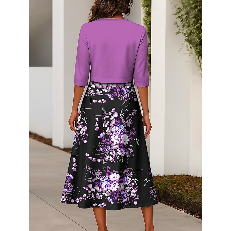 Women's Two Piece Dress Sets Midi Dress with Jacket Elegant A Line Dress Half Sleeve Party Floral Print 3/4 Length Sleeve Crew Neck Daily Yellow Blue Purple Spring Fall Regular Fit2