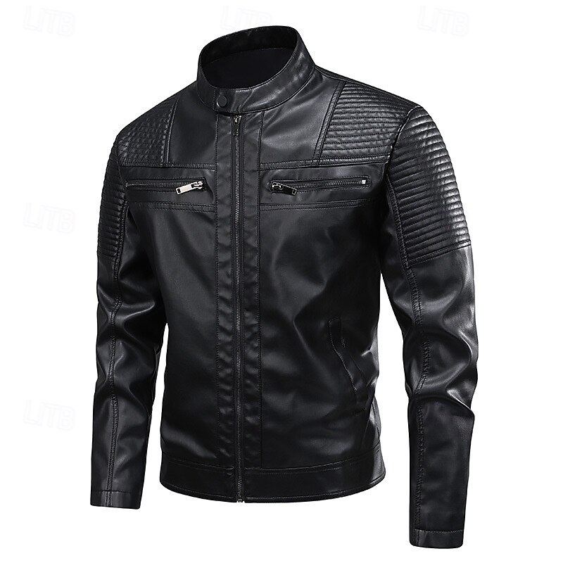 Men's Faux Leather Jacket Biker Jacket Motorcycle Jacket Vacation Daily Windproof Warm Pocket Fall Winter Plain Fashion Classic Stand Collar Regular Black Green Jacket