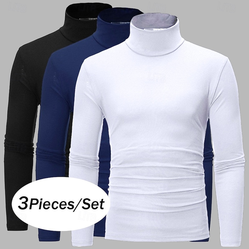 3 Pack Men's T Shirt Turtleneck shirt Long Sleeve Shirt Long Sleeve Rolled collar Fall Fall & Winter Plain Lightweight Basic Classic 3-Piece Outdoor Casual Sports white black blue Top Tee for Men