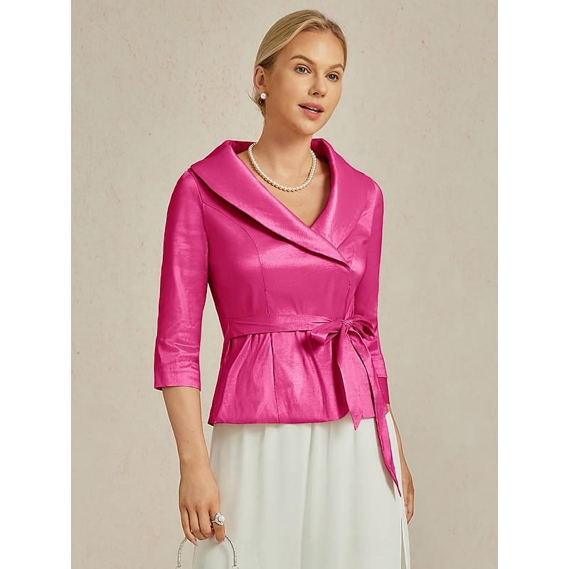 Women's Blouse Evening Tops Elegant Metallic Stylish 3/4 Length Sleeve V Neck Regular Tops Wedding Guest Evening Party Semi Formal Tie Front Fuchsia Spring, Fall, Winter, Summer