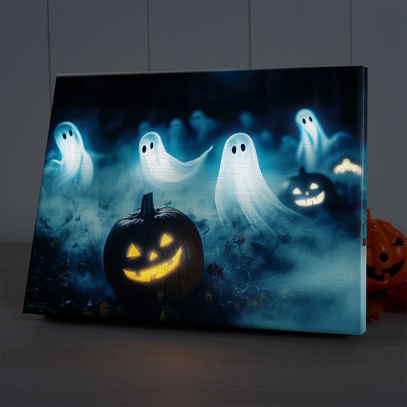 Halloween Ghosts and Pumpkins LED Canvas Wall Art - Battery Operated Lighted Wall Decor for 2025 Halloween home decoration light livingroom and bedroom